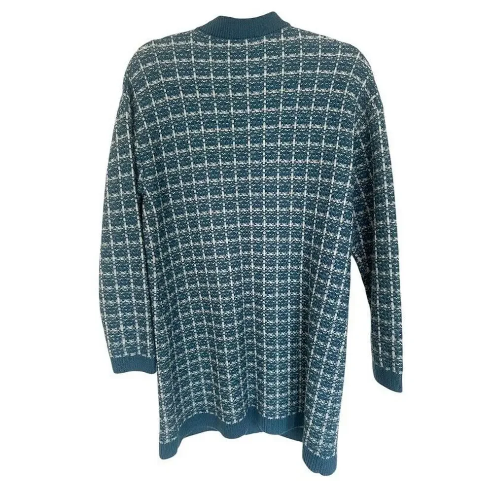 Talbots 100% Merino Wool Long Cardigan Blue Plaid Size M Gold Button Pockets